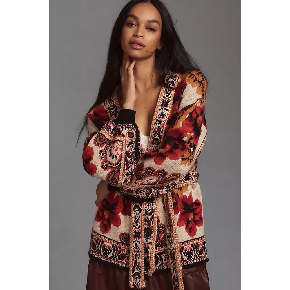 Farm Rio Floral Knit Cardigan with Belt size XS Wool Blend Anthropologie